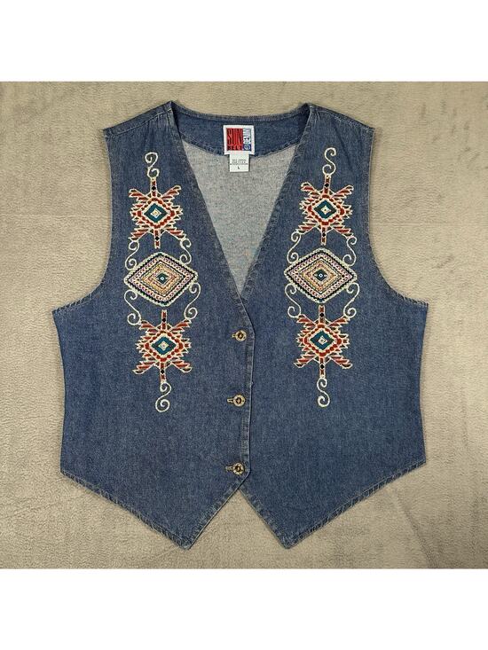 Sun Belt Denim Jackets & Blazers - VTG Sun Belt Blues Denim Vest Blue Women’s Southwestern Embroidered Western Boho
